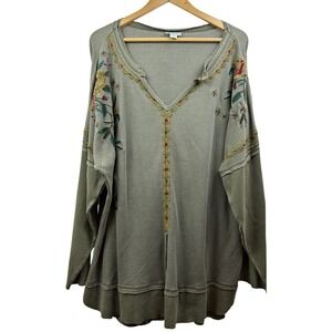 Sundance Embroidered Waffle Knit Top Women XXL Sage Green Boho Floral Tunic